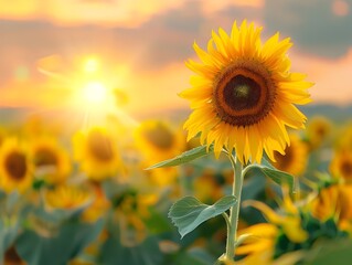 Obraz premium Vibrant Sunflowers Basking in Golden Hour Serenity Across Lush Countryside Field