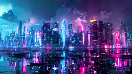 Obraz premium Futuristic cityscape with neonlit skyscrapers reflecting in a digital sea capturing a cyberpunk aesthetic with intense color contrasts 