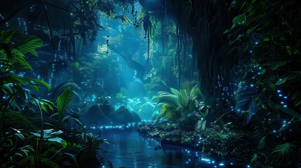A futuristic jungle covered in bioluminescent plants and inhabited by cybernetically enhanced wildlife, combining natural beauty with high-tech enhancements