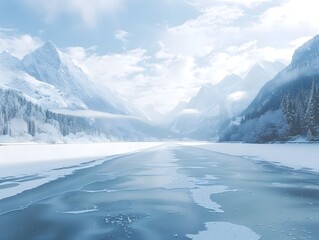 Obraz premium Breathtaking Snowy Landscape with Frozen Lake and Majestic Mountain Peaks in the Background