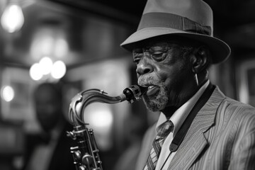 African American musician performing at a lively jazz club, playing the saxophone in black and white
