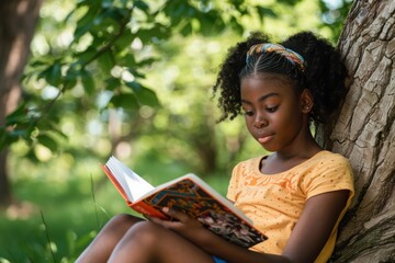 Young African American girl reading a book under a tree
