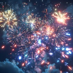 Bright and Colorful Fireworks Exploding in the Night Sky