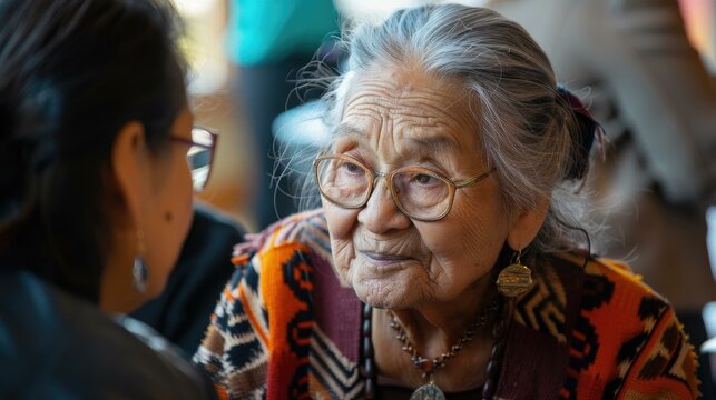 An elderly woman with glasses and a patterned sweater gazes attentively at another person, possibly engaged in a heartfelt conversation.