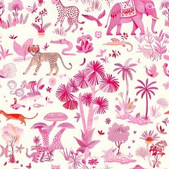 Playful Pink Jungle Theme Seamless Background