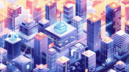 Isometric illustration of a modern cityscape with smart infrastructure including IoT devices digital screens for online services and sustainable urban development features 