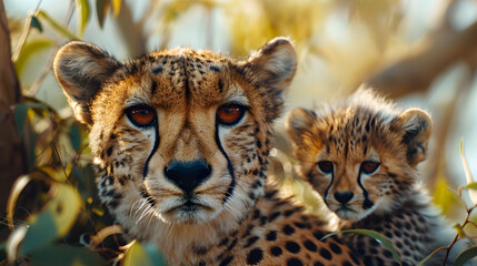 Cheetah Acinonyx jubatus with cubs on the background of the African savannah, portrait, close-up, predatory wild cat