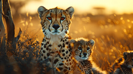Cheetah Acinonyx jubatus with cubs on the background of the African savannah, portrait, close-up, predatory wild cat