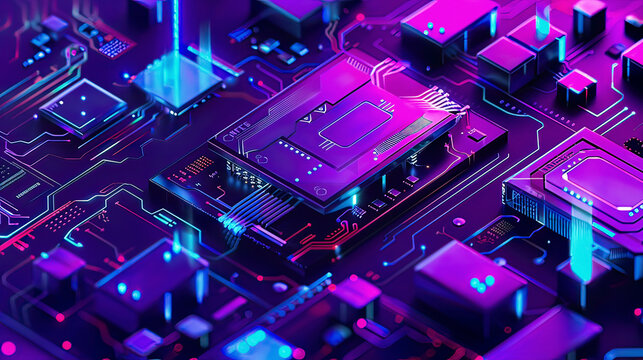 Isometric illustration of an NFT nonfungible tokens banner featuring dynamic glowing blue and purple HUD elements integrated with a computer circuit board designAgainst a futuristic hitech background