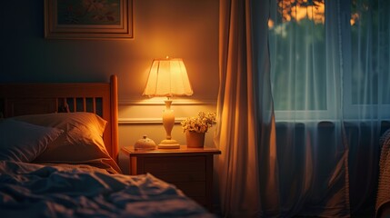 bedside lamp ambiance, a bedside night lamp casts a soft glow, enveloping the room in warmth the tranquility of night soothes like a cozy blanket, promising sweet dreams ahead