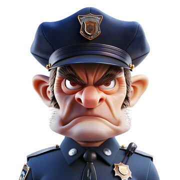 Angry policeman, cop, man in police uniform and cap with a gloomy expression on his face. Funny 3d illustration isolated on a white background.