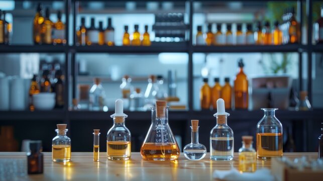 perfume workshop banner showing lab equipment like pipettes, test tubes, and flasks on a desk, perfect for perfume making demonstrations