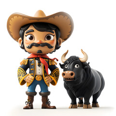 Bullfighter in a wide hat and traditional costume, next to black bull with large horns, funny cute 3d illustration on white background, unusual avatar
