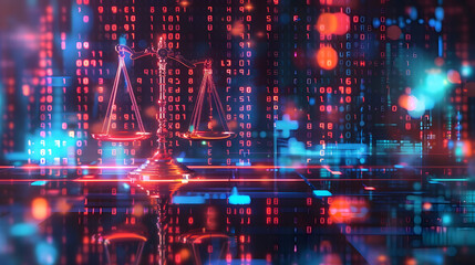 Obraz premium Digital Justice: Scales of Justice on a Computer Screen With Binary Code Background