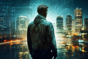 cybersecurity concept. Futuristic double exposure. Unknown man and city overlayed with data. High quality photo
