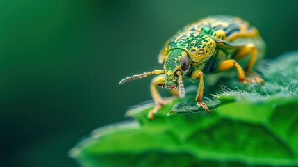 Naklejka premium A macro photograph illustration of a tiny insect on a leaf, capturing minute details and textures with a soft focus