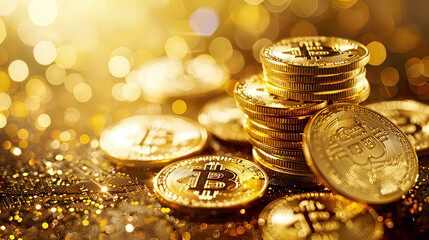 Stack of bitcoins gold background digital currency concept shining coins modern tech design 