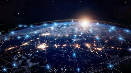 Obraz premium Telecommunication network around Earth global communication blockchain and cryptocurrency IoT and 5G digital design copyspace 
