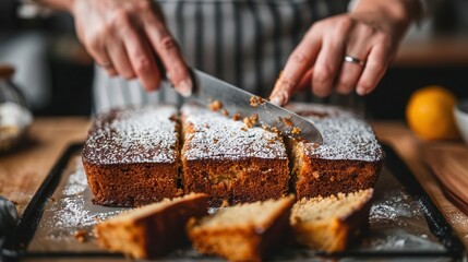 person cutting a piece of cake on a cutting board