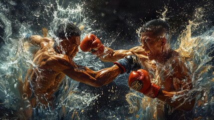 pair of boxers in the water with their trunks in the air