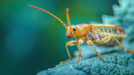Fototapeta premium A macro photograph illustration of a tiny insect on a leaf, capturing minute details and textures with a soft focus