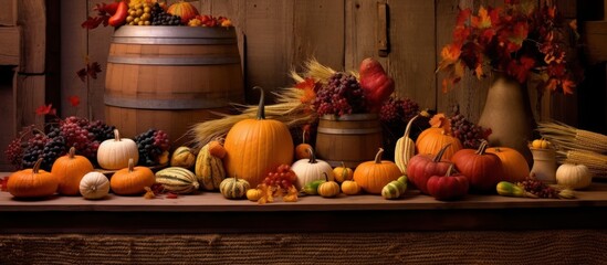 Autumn Harvest Still Life with Pumpkins, Grapes, and Wheat