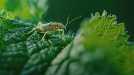 Naklejka premium A macro photograph illustration of a tiny insect on a leaf, capturing minute details and textures with a soft focus