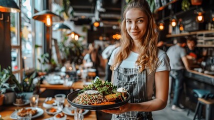Obraz premium woman holding a plate of food in a restaurant