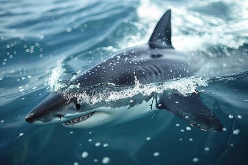 Fototapeta premium A very scary white shark with an open mouth in the ocean. A cinematic attack
