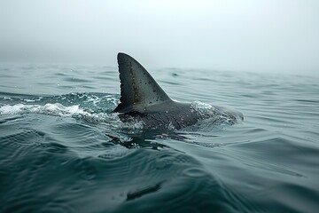Naklejka premium shark fin on surface of ocean agains blue cloudy sky