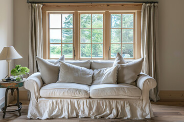Obraz premium A country-style sofa with soft cushions and an elegant white linen skirt, set against the backdrop of large windows that look out onto lush greenery outside. The room is bathed in warm natural light.