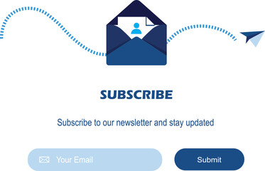 Vector banner illustration of email marketing. Subscription to newsletter, news, offers, promotions. A letter in an envelope. Buttons template. Subscribe, submit. Send by mail. Blue and White. Eps 8