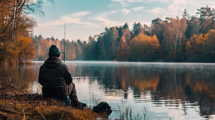 A man is sitting on his back by the lake fishing