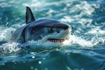 Obraz premium A very scary white shark with an open mouth in the ocean. A cinematic attack