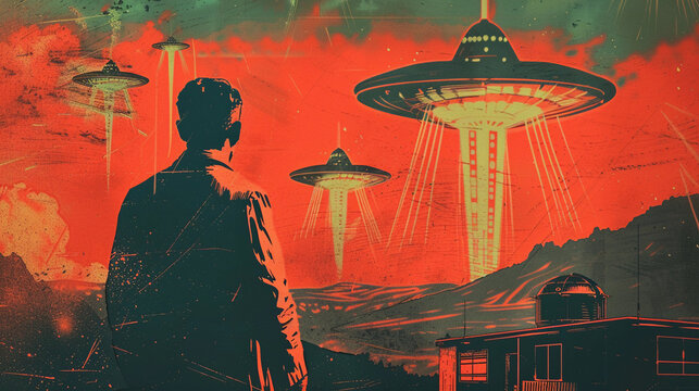 A man watches an alien invasion from afar spaceships retro pop art