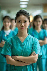 Fototapeta premium Portrait of young chinese woman nurse or a doctor intern with colleagues. High quality photo