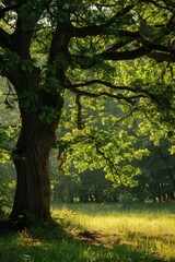 Naklejka premium The large green tree in the foreground is on the left in the woods, with a sickly green branch growing from the tree to the right 