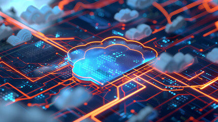  3D illustration of a glowing cloud logo on an integrated circuit board with cloud icons and data streams, symbolizing the integration between physical network.