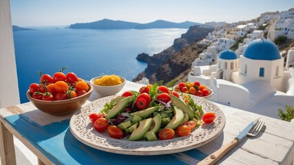 Fototapeta premium Lunch with Mediterranean food with a sea view on a Greek island