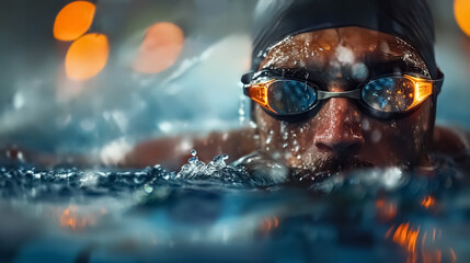 Summer Olympic games , swimmers at the start point in the pool stadium , closeup up shot of athlete at Olympics