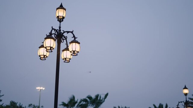 kites flying over the lit streetlights of cong vien vinhomes central park at dusk in ho chi minh city HCMC saigon vietnam