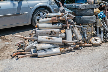 Old exhausts at the garage.