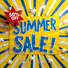 summer sale 50% off poster for small business 3d render, marketing, summer sale, offer, 50% off 