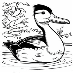 Black and white line art of a duck swimming in a pond, surrounded by plants, ideal for coloring activities.