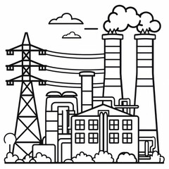 A detailed black and white illustration of an industrial power plant with smokestacks and power lines.