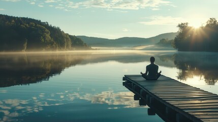 A serene lakeside scene with a person sitting cross-legged on a wooden dock, meditating in the calm morning light 