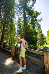 Amid Californias Sequoia National Park, a backpacker finds serenity in the vast forest, under towering trees and peaceful skies, indulging in the beauty of nature during their hike