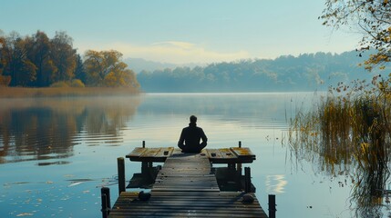 Obraz premium A serene lakeside scene with a person sitting cross-legged on a wooden dock, meditating in the calm morning light 