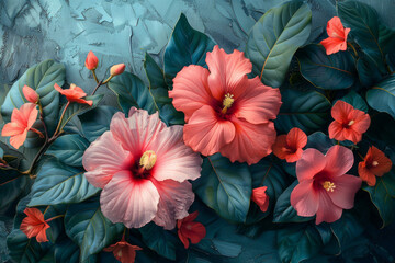 Summer beautiful fantasy vintage wallpaper all tropical botanical flowers bunch,vintage motif for floral print digital background 