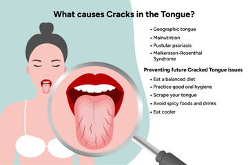 Cracks tongue, causes, medical illustration 